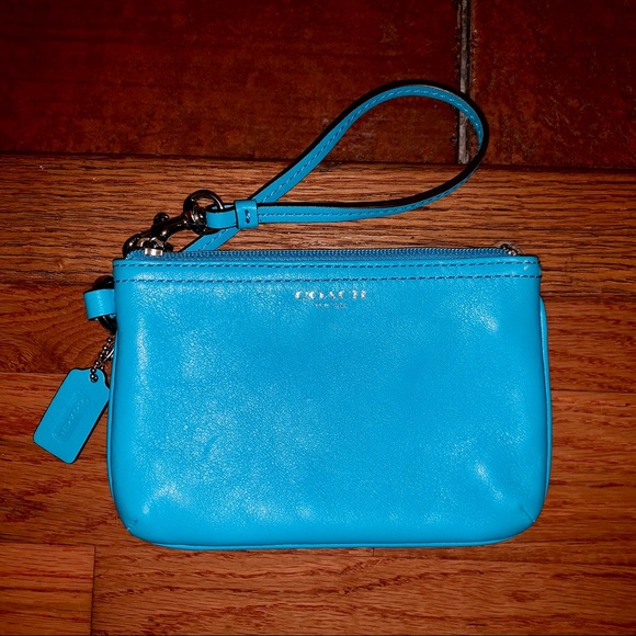 Coach Handbags - Coach Leather Aqua Zip Wristlet Pouch Wallet